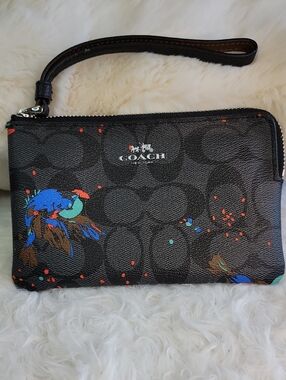 Coach Black Signature Wristlet with Blue, Teal and Brown Bird Motif